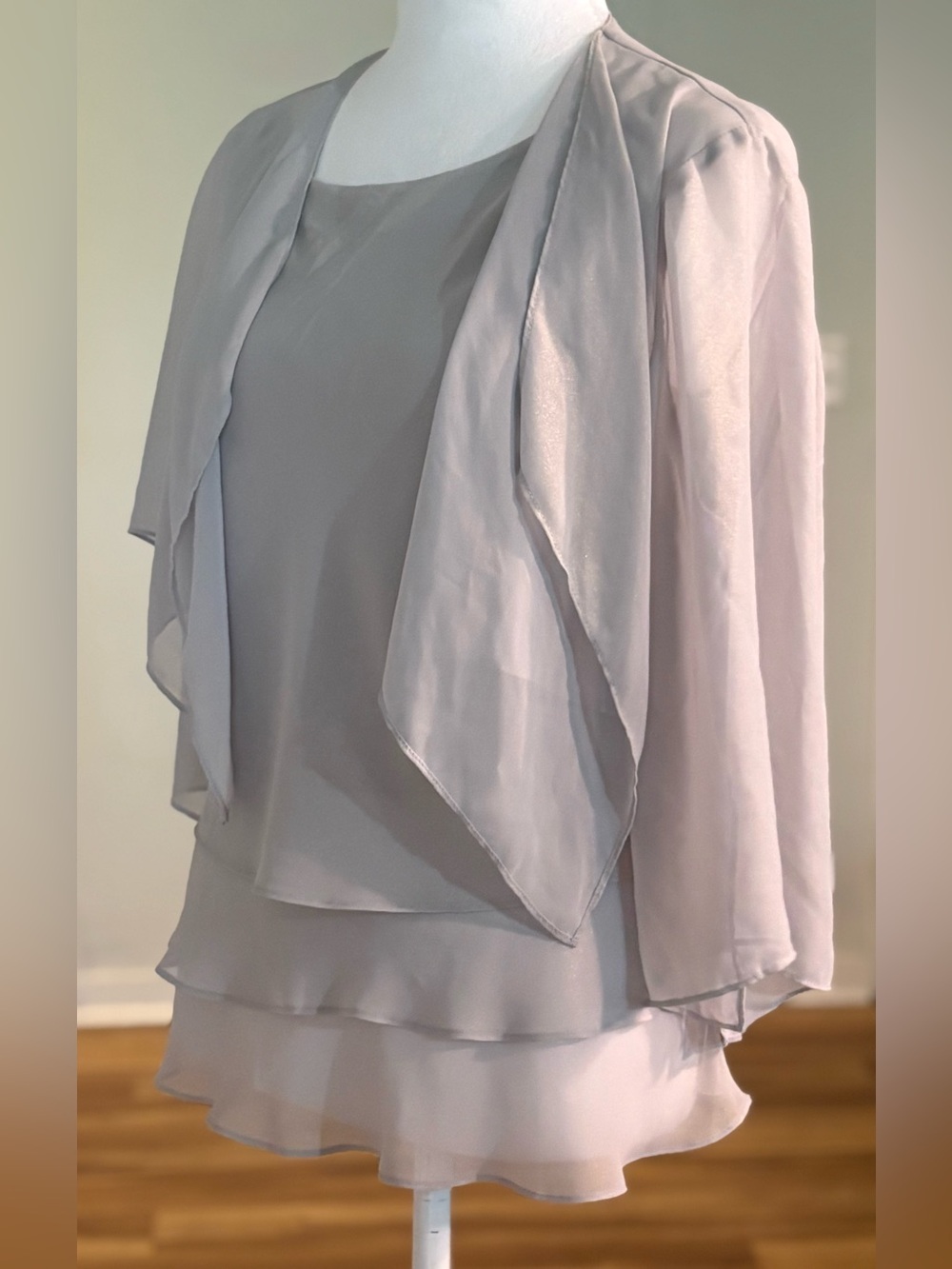 Alex Evenings Silver Chiffon Jacket and Tiered Tank Set, Size M